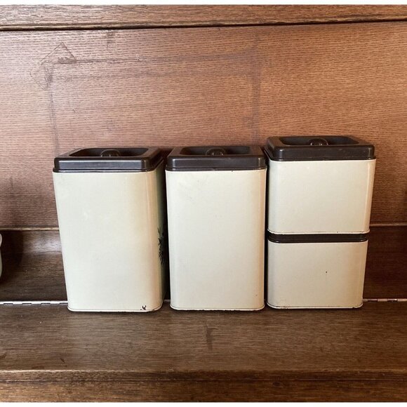Vintage kitchen canisters set a four floral blue soft pink and brown print - Picture 3 of 12